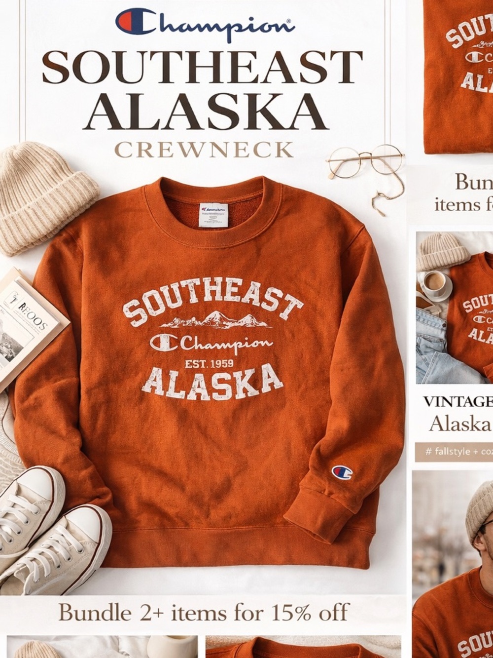 Vintage Champion Alaska Crewneck Sweatshirt Retro Graphic Pullover Streetwear 2X - Picture 7 of 14